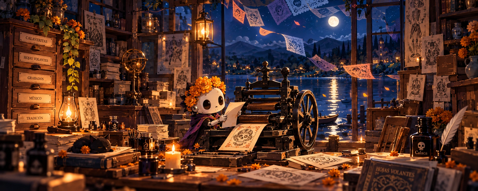 Escena panorámica completa y nítida del taller de imprenta, con Calaquita, prensa antigua, papeles y ventanal al lago nocturno